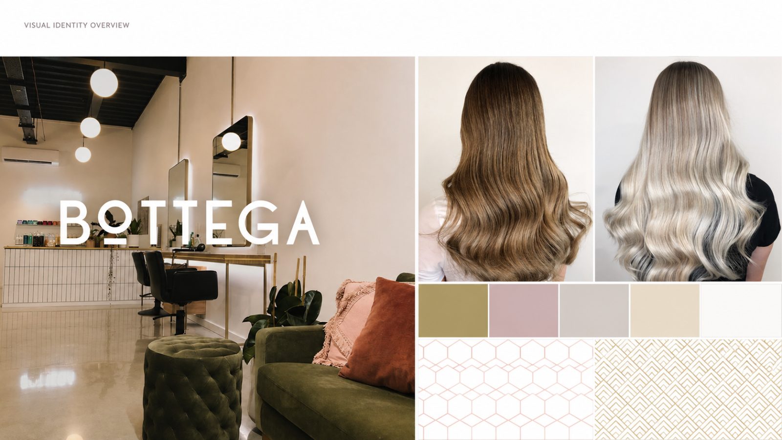 Bottega visual identity overview: interior, hair colour work, palette and pattern