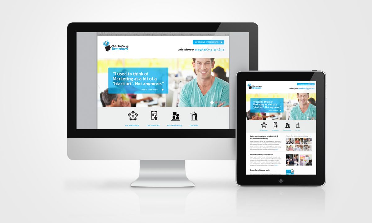 Marketing Brainiacs website design system across desktop and tablet
