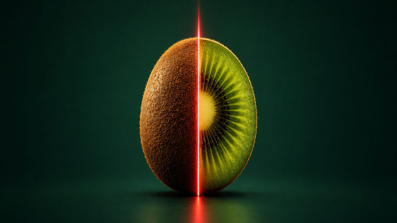 Kiwifruit sliced in half with a laser scan line