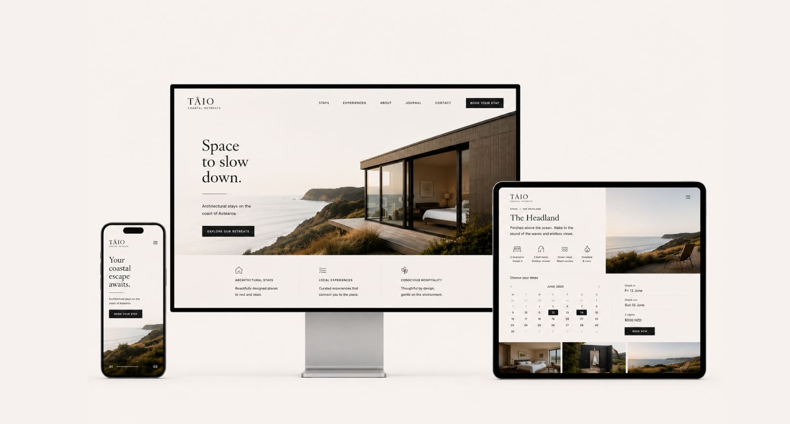 TĀIO Coastal Retreats brand identity and digital experience, self-initiated concept