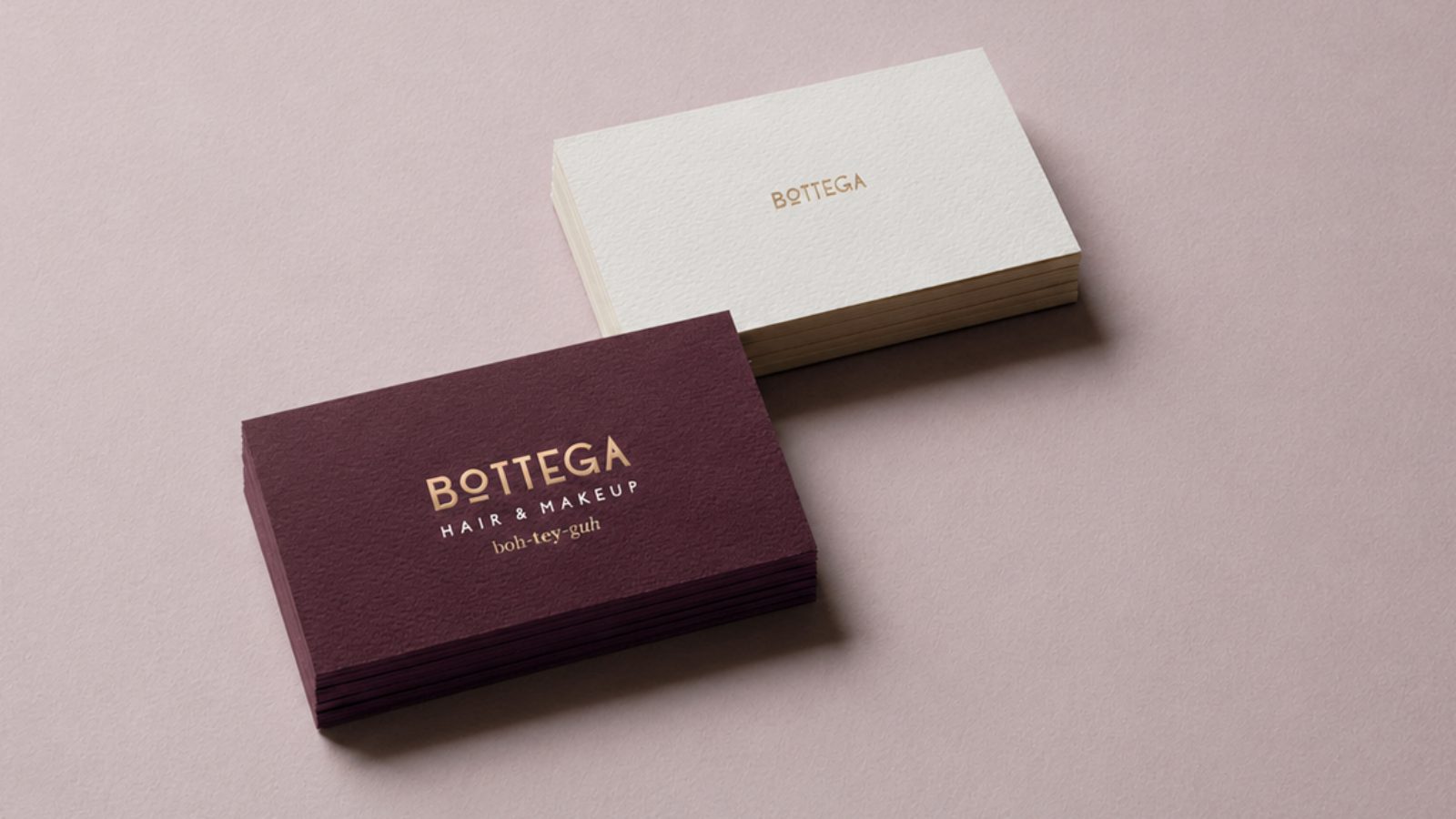 Bottega business cards, gold foil on burgundy and off-white stock